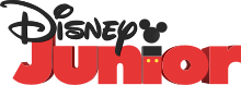 A black Disney logo with a large 3D word "Junior" underneath in red with the letter "i" styled in the form of Mickey Mouse