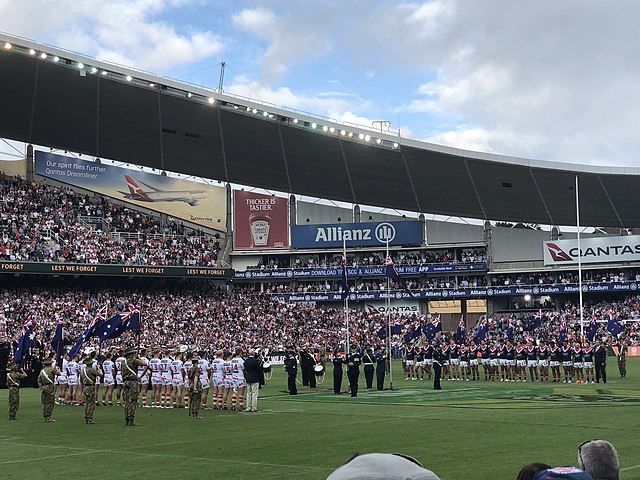 Pre-match formalities taking place prior to the Dragons vs Roosters Anzac Day clash in 2018