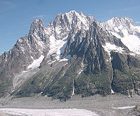 The Aiguille du Dru (left) seen as an extension of the west ridge of the Aiguille Verte (centre top)