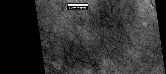 Pistas de torbellino de polvo en el cuadrángulo Casius (Imagen HiRISE).