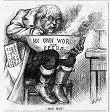 Thomas Nast cartoon for the 1872 campaign, alleging that Greeley was contradicting his earlier positions Eat own words.jpg