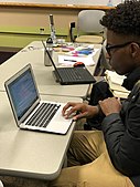 Editing Wikipedia articles during the Cornell University 2017 Art + Feminism Wikipedia edit-a-thon. Olin Library, March 11, 2017.