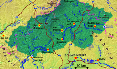 Schweinfurt ist das Tor zur Bayerischen Bäderregion (sie ist nahezu identisch mit dem Einzugsgebiet der Fränkischen Saale auf der Karte)