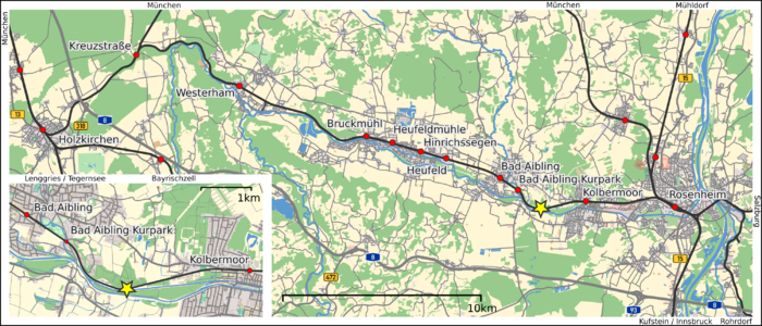 Railway accident (en-WP): Commons-Cat.: Eisenbahnunfall von Bad Aibling (↑Karte↑ der Eisenbahnlinie Mangfalltalbahn mit Unfallstelle).