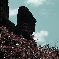 A rock which has the profile of a face with blue sky in the background