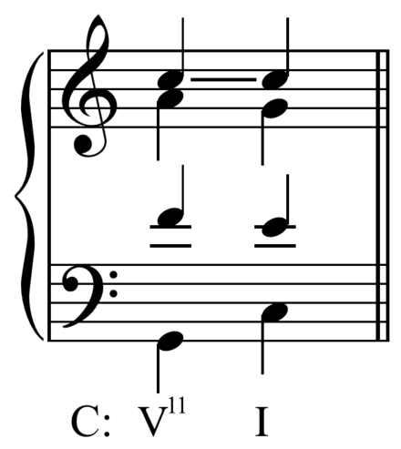 Voice leading for dominant eleventh chords in the common practice period.[10] Play (help·info)