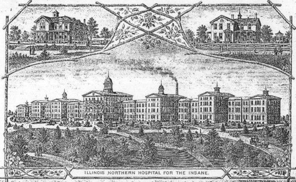 Historic print of Main Building of Elgin State Hospital, demolished in 1993