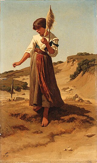 <i>Peasant Girl, spinning</i> 1867 painting by Elihu Vedder