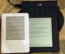 Comparison of the EO 440 Personal Communicator (1993) and the Amazon Kindle 2 e-book reader (2009). Both have reflective displays (no backlight). The EO has liquid crystal display, the Kindle an electrophoretic one. Eo-kindle.jpg