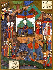 Ottoman miniature depicting two Indian mahouts carrying out executions by Elephant near Belgrade, 16th Century CE. Execution of Prisonsers Belgrade-Suleymanname.jpg