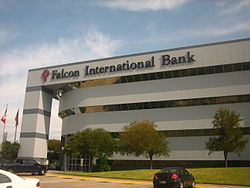 Falcon International Bank headquarters is a modern 4-story building at the intersection of McPherson and Hillside in Laredo, Texas. Falcon International Bank, Laredo, TX IMG 1945.JPG