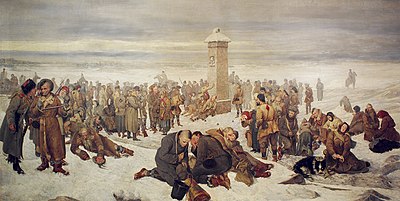 Farewell to Europe, by Aleksander Sochaczewski. The artist himself is among the exiled here, near the obelisk, on the right. Farewell Europe!.jpg