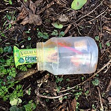 A granola bar in a geocache in England. Even if sealed, food is not allowed in geocaches, as it is considered unhygienic and can attract animals. Food in geocache.jpg