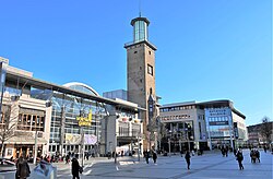 Old town hall tower between the——two shopping centres, January 2020