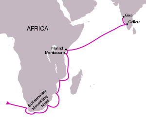 The route followed in Vasco da Gama's first voyage (1497-1499) Gama route 1.svg