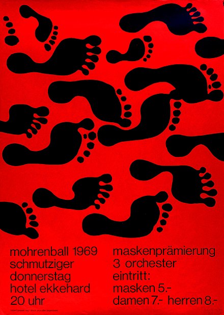 A 1969 poster by Robert Geisser exemplifying the "Swiss" style of the 1950s and 60s: solid red colour, simple images and neo-grotesque sans-serif type, all in lower case. This design appears to use Helvetica or a close imitation.