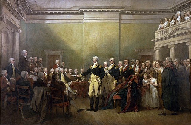 Humphreys standing immediately behind George Washington in General George Washington Resigning His Commission, an 1824 John Trumbull portrait now hous