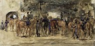 Breitner, c. 1881-83: 'Rustende cavalerie op een plein', aquarel op papier