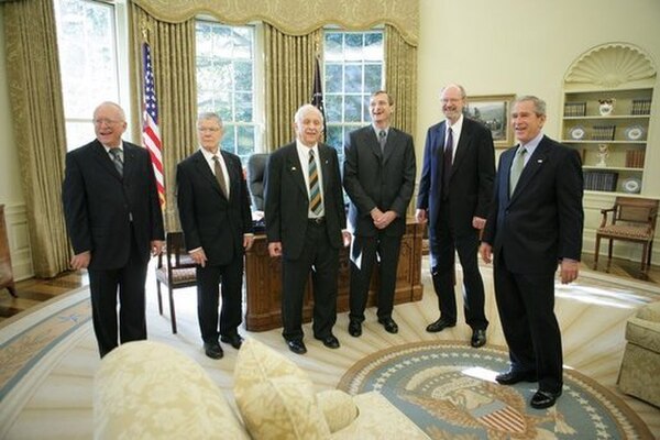 President George W. Bush meets with the 2005 Nobel Prize recipients. From left to right are Dr. John Hall, 2005 Nobel Prize in Physics; Dr. Thomas C. 