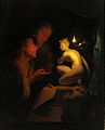 Godfried Schalcken, Dos hombres examinando una escultura a la luz de una vela.