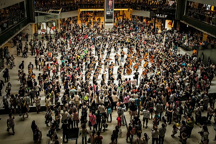 HKFO choral-orchestra performs the Beethoven "Ode to Joy" in a flash mob in Sha Tin, Hong Kong.
