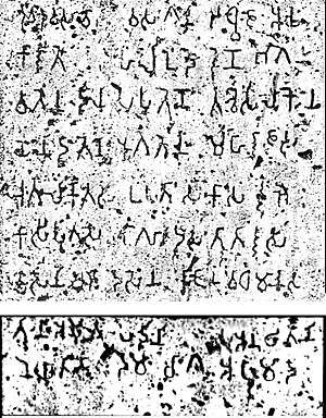Heliodorus pillar rubbing (inverted colors). The text is in the Brahmi script of the Sunga period.[194] For a recent photograph.