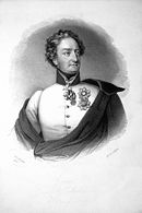 Heroic print of wavy-haired man in white uniform with a single row of buttons partly covered by a dark cloak