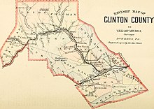 1883 map of Clinton County, with the Philadelphia and Erie Railroad running through the center.