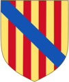 Coat of arms of the House of Paternò: Royal arms of Aragon differenced by a bendlet azure (Or, four pallets gules overall a bendlet azure)