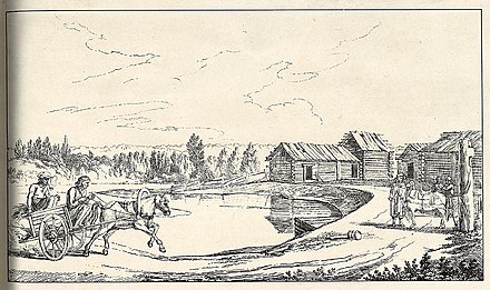 Many early post systems consisted of fixed courier routes. Here, a post house on a postal route in the 19th century Finland