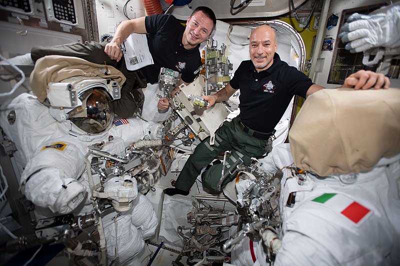 File:ISS-61 Andrew Morgan and Luca Parmitano check spacesuits and tools in the Quest airlock.jpg