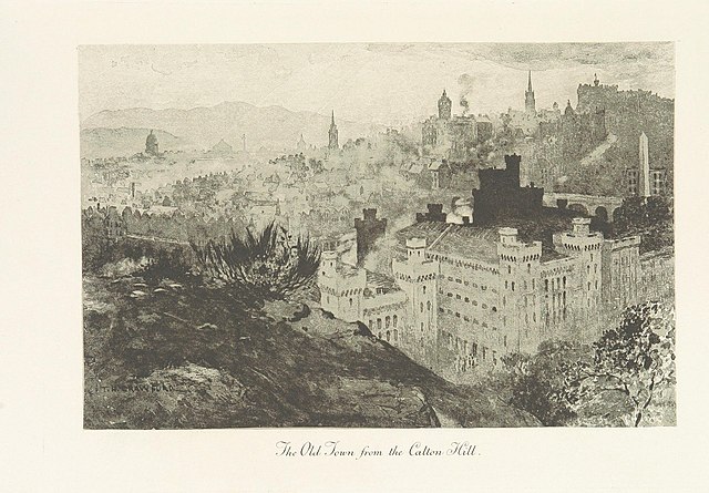 Image of the Old Town from Calton Hill taken from page 179 of 'Edinburgh: Picturesque Notes' (1896) by Robert Louis Stevenson. Etchings by A. Brunet-D