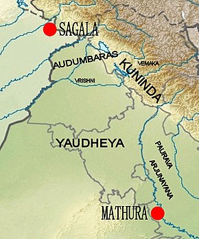 Location of the Yaudheya relative to other groups: the Audumbaras, the Vemakas, the Vrishnis, the Kunindas, the Pauravas and the Arjunayanas.