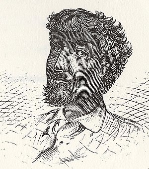 Black and white sketch of the bust of a man. His features are darkly shaded. He has dark wavy hair and a goatee.
