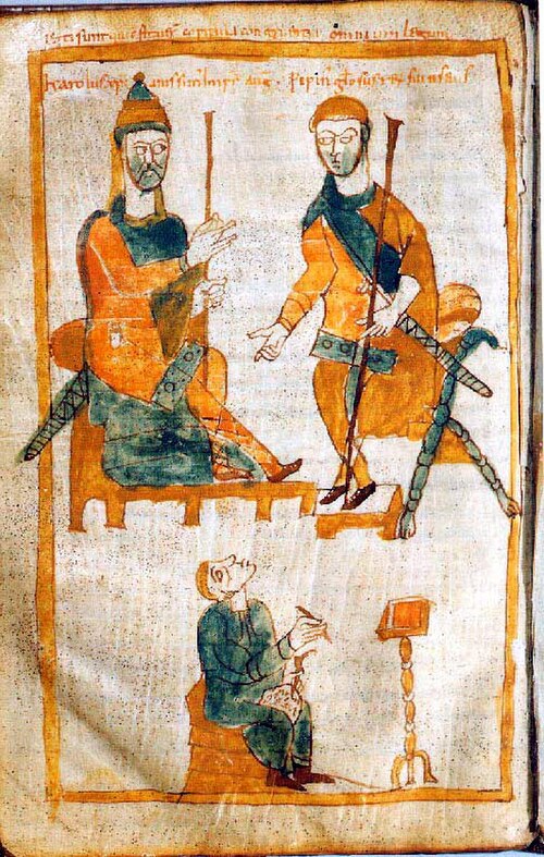 Charlemagne, Pippin, and a ministerial clerk; a 10th-century copy of the original