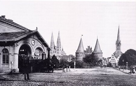 Train leaving the old Hauptbahnhof, about 1865.