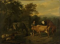 Landscape with Herdsman and Cattle label QS:Len,"Landscape with Herdsman and Cattle" label QS:Lpl,"Krajobraz z pastuchem i bydłem" label QS:Lnl,"Landschap met herder en vee" 1675-1685. oil on canvas medium QS:P186,Q296955;P186,Q12321255,P518,Q861259 . 35 × 48 cm (13.7 × 18.8 in). Amsterdam, Rijksmuseum Amsterdam.