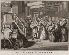 Engraving of a baptism in a Reformed church by Bernard Picart Le Bapteme des Reformes.png