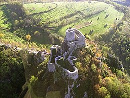 Srebrenik Fortress in Srebrenik, Bosnia: inaccessibility of location with only a narrow bridge traversing deep canyon provides excellent protection. Let vrtulnikem11 - hrad Srebrenik (13.-18. stol.) jeste lepe.jpg