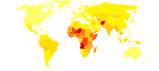 En världskarta med ganska mycket mörkrött i Afrika, orangea färger i delar av Asien och Sydamerika och gult i Europa och Nordamerika.