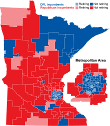 Retiring incumbents (light red and light blue) by district. MN House 2020 retirements.svg