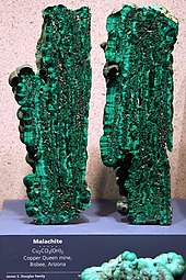 Malachite specimen from the Copper Queen Mine, Bisbee, Arizona. Dr Douglas saved many of the best mineral specimens from the Copper Queen for his personal collection. His family later donated many of them to the Smithsonian. Malachite from Bisbee Arizona (6664471391).jpg