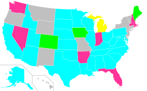 Fetal homicide laws in the United States
.mw-parser-output .legend{page-break-inside:avoid;break-inside:avoid-column}.mw-parser-output .legend-color{display:inline-block;min-width:1.25em;height:1.25em;line-height:1.25;margin:1px 0;text-align:center;border:1px solid black;background-color:transparent;color:black}.mw-parser-output .legend-text{}
"Homicide" or "murder"
Other crime against fetus
Depends on age of fetus
Assaulting mother
No law on feticide Map of US, feticide laws.svg