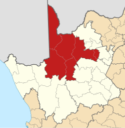 Kaart van Suid-Afrika wat ZF Mgcawu-distriksmunisipaliteit in Noord-Kaap aandui