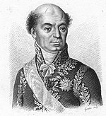 Black and white print of a bald man with a cleft chin. He wears a dark military uniform of a later period with much gold lace. The deep scar over his left eye was from a saber cut during the Battle of Novi.