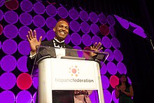 Rivera speaking at the Hispanic Federation Gala in April 2014 while accepting the Premio Orgullo for his humanitarian efforts Mariano Rivera at 2014 Hispanic Federation Annual Gala IMG 9402 (14063021102).jpg