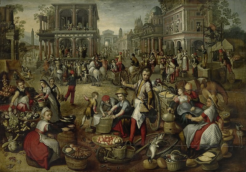 File:Marktplein, met op de achtergrond de geseling, Ecce homo en de kruisdraging. Rijksmuseum SK-A-1496.jpeg