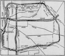 A map produced by The Commercial Appeal in 1955 showing the proposed system of freeways in Memphis. The leg between Crump Boulevard and the central north-south route was removed upon objection from the Bureau of Public Roads. Memphis highway plan 1955.png