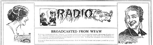 Miami Metropolis promotional advertisement for WFAW and radio. Miami Metropolis advertisement for radio station WFAW (1922).jpg