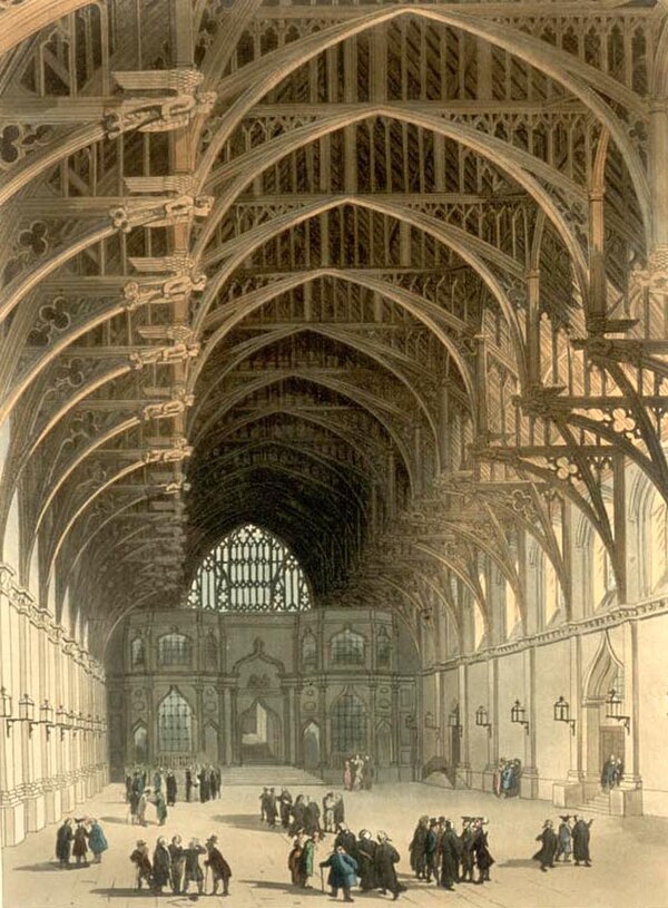 A drawing of the interior of Westminster Hall by Augustus Pugin (architecture) and Thomas Rowlandson (figures), dating from about 1808. The walls date